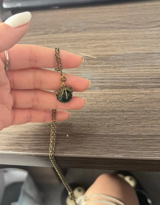 Bohemian Vintage Dragonfly Green Crystal Pendant Necklace