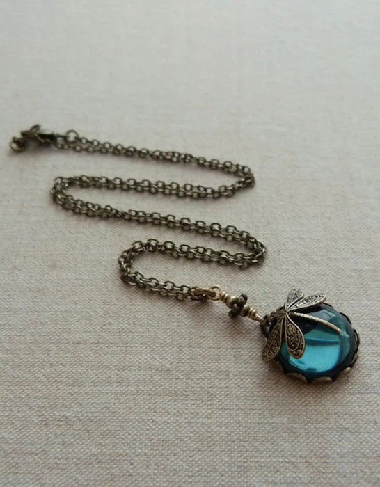 Bohemian Vintage Dragonfly Green Crystal Pendant Necklace