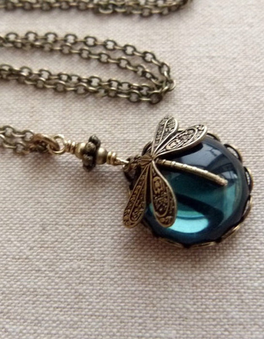 Bohemian Vintage Dragonfly Green Crystal Pendant Necklace