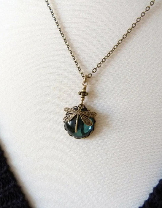 Bohemian Vintage Dragonfly Green Crystal Pendant Necklace