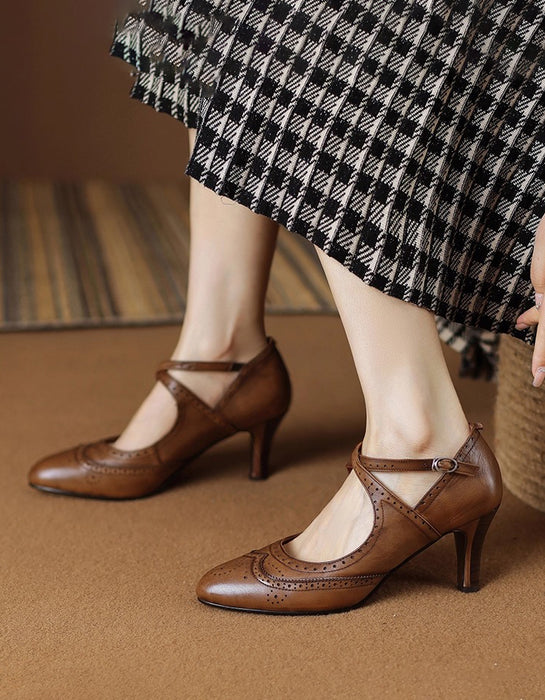 Brogue Style Vintage High-Heeled Cross-straps Mary Janes Heels