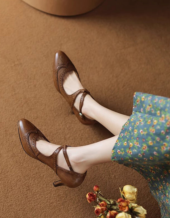 Brogue Style Vintage High-Heeled Cross-straps Mary Janes Heels