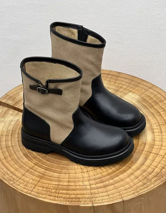 Women's Autumn Winter Buckle Detail Vintage Color-Block Mid-Calf Boots Black, Obiono Sep Shoes Collection 2026, 130.00