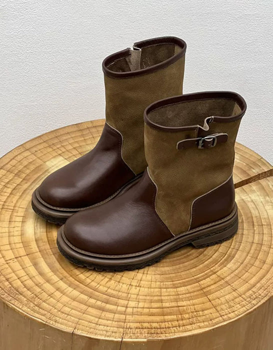 Women's Autumn Winter Buckle Detail Vintage Color-Block Mid-Calf Boots Coffee, Obiono Sep Shoes Collection 2026, 130.00