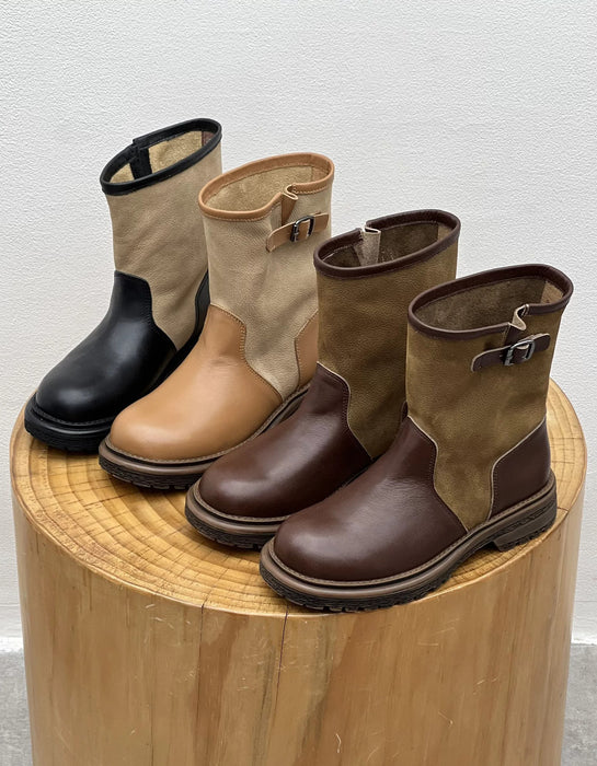 Women's Autumn Winter Buckle Detail Vintage Color-Block Mid-Calf Boots, Obiono Sep Shoes Collection 2026, 130.00