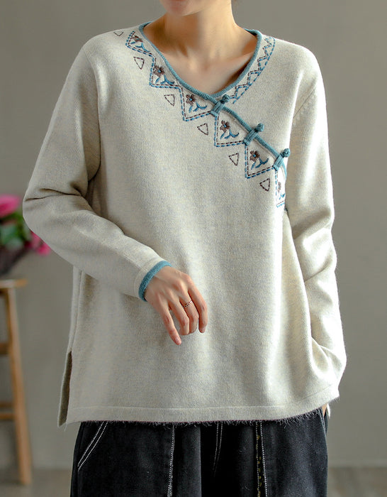 Chinese Style Neck Embroidery Knit Sweater Shirt