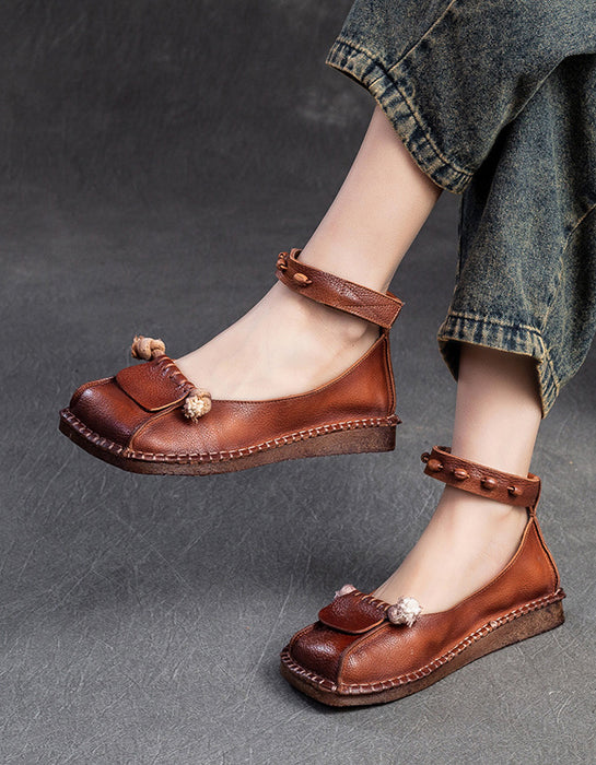 Chinese Style Square Toe Soft Leather Soles Ankle Strap Flats