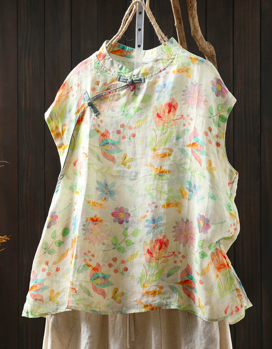 Chinese Style Stand Collar Ramie Print Sleeveless Shirt for Women Buykud Shirts Aug New in 2026 44.80