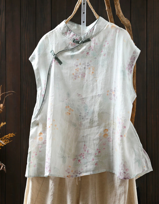 Chinese Style Stand Collar Ramie Print Sleeveless Shirt for Women Buykud Shirts Aug New in 2026 44.80