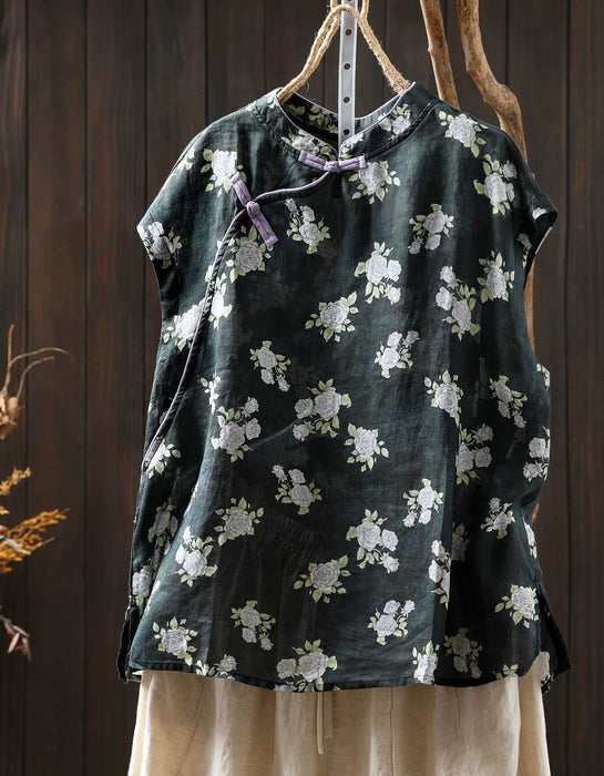 Chinese Style Stand Collar Ramie Print Sleeveless Shirt for Women Buykud Shirts Aug New in 2026 44.80
