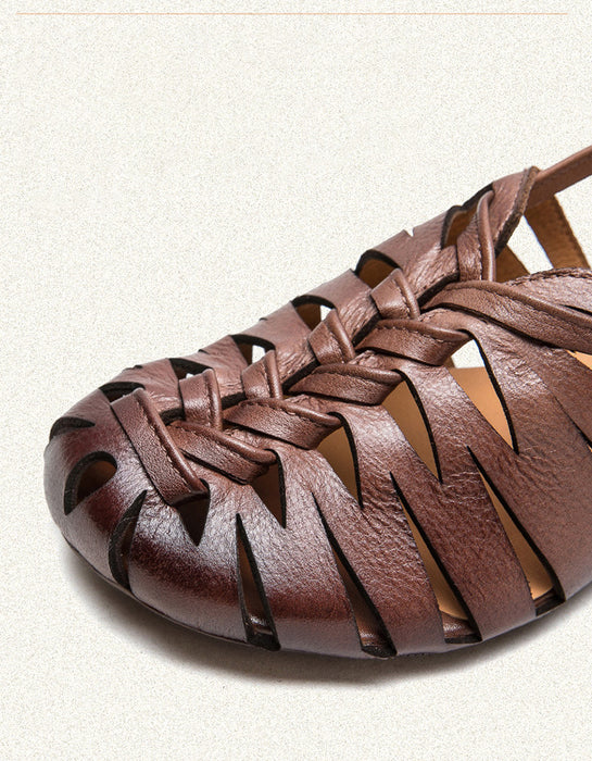 Close Toe Breathable Leather Braids Retro Flat Sandals