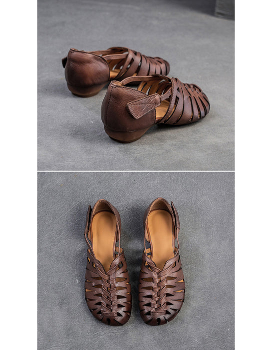 Close Toe Breathable Leather Braids Retro Flat Sandals