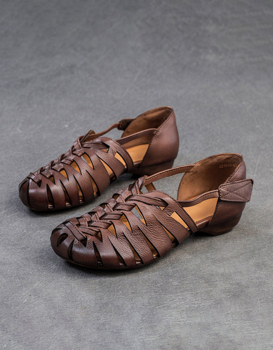 Close Toe Breathable Leather Braids Retro Flat Sandals 36 / Gray Close Toe Breathable Leather Braids Retro Flat Sandals 36 / Gray