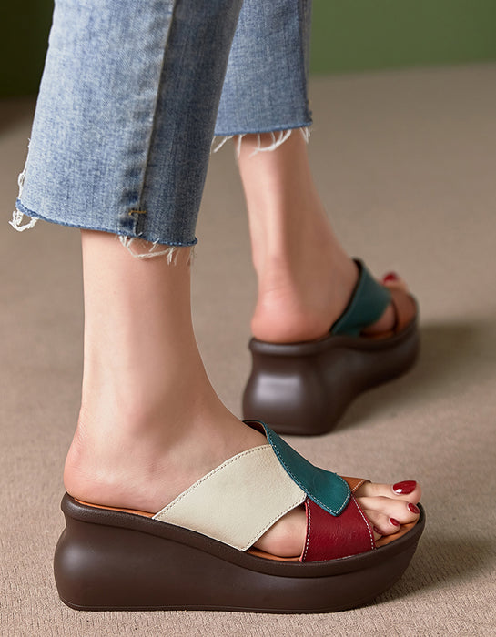 Color Matching Retro Leather Wedge Slippers June Shoes Collection 2023 77.50