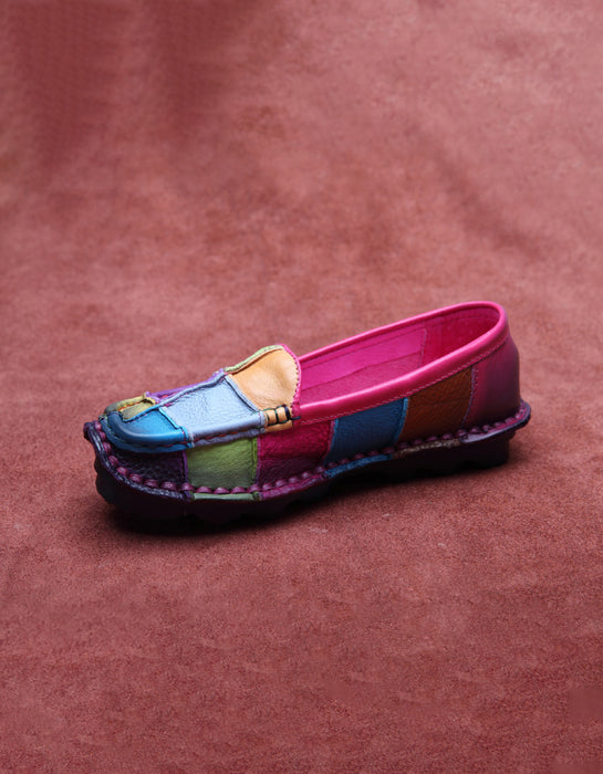 Color Plaid Round Head Handmade Retro Leather Loafers 43