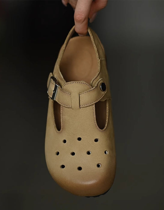Comfort Leather Hollow T-strap Wide Toe Box Clogs Slippers