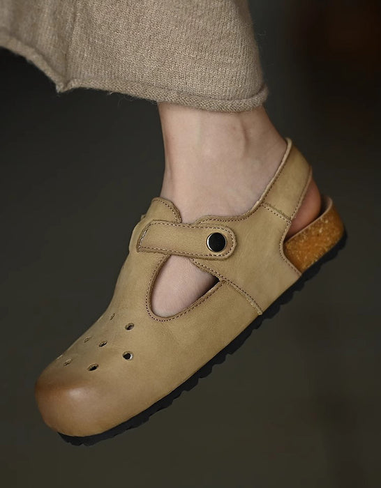 Comfort Leather Hollow T-strap Wide Toe Box Clogs Slippers