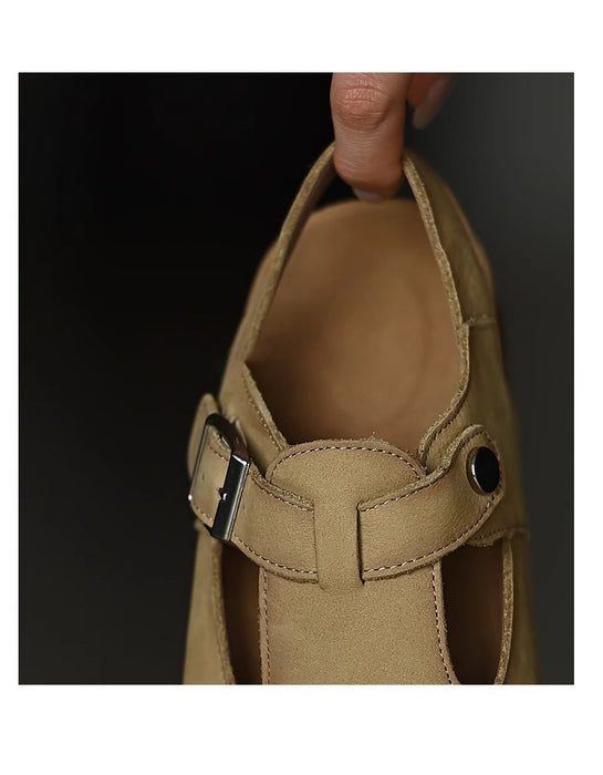 Comfort Leather Hollow T-strap Wide Toe Box Clogs Slippers