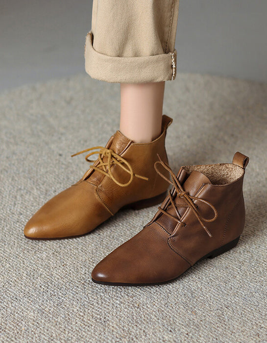 brown flat dress boots Comfortable Lace-up Pointed Toe Ankle Boots — Obiono