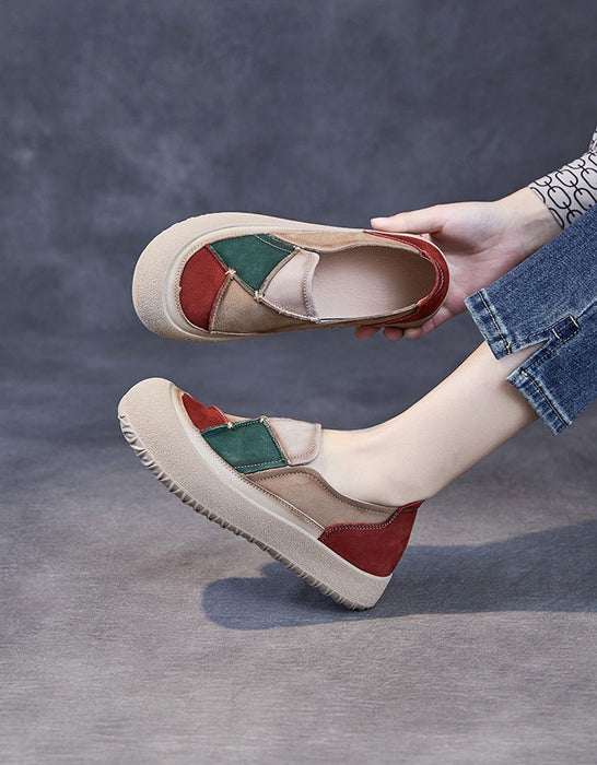 Comfortable Round Toe Box Leather Patchwork Retro Flat Shoes