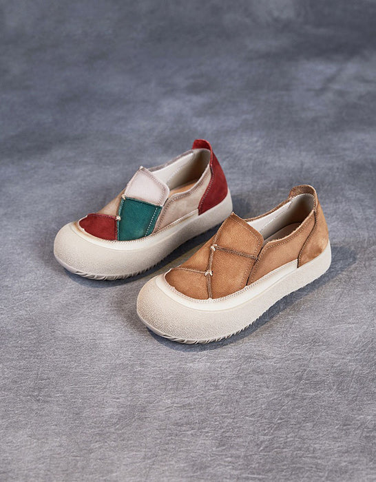 Comfortable Round Toe Box Leather Patchwork Retro Flat Shoes