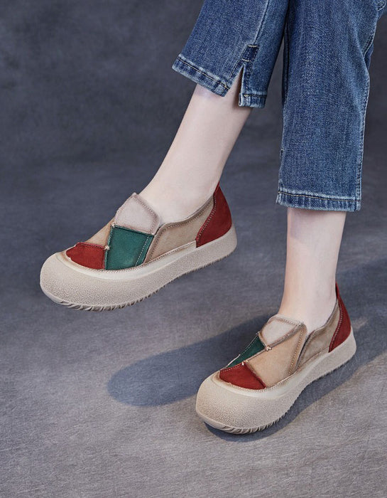 Comfortable Round Toe Box Leather Patchwork Retro Flat Shoes