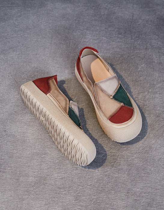 Comfortable Round Toe Box Leather Patchwork Retro Flat Shoes