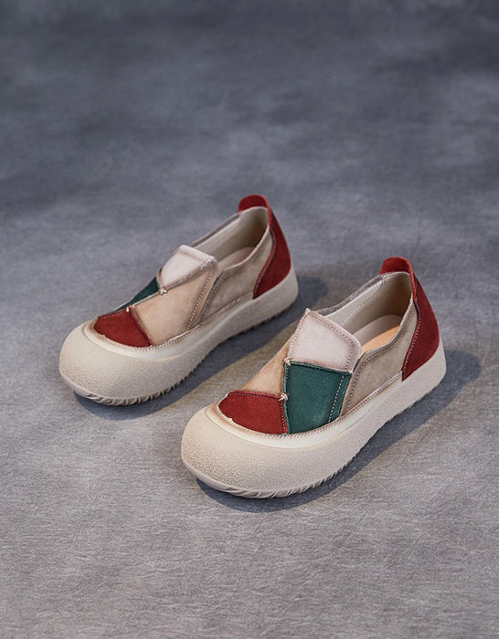 Comfortable Round Toe Box Leather Patchwork Retro Flat Shoes