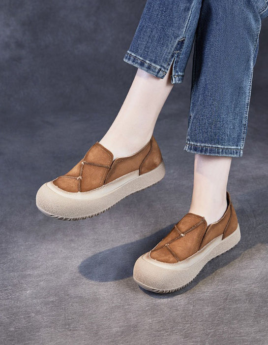Comfortable Round Toe Box Leather Patchwork Retro Flat Shoes