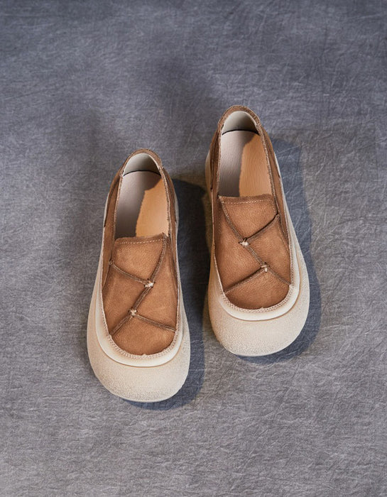 Comfortable Round Toe Box Leather Patchwork Retro Flat Shoes