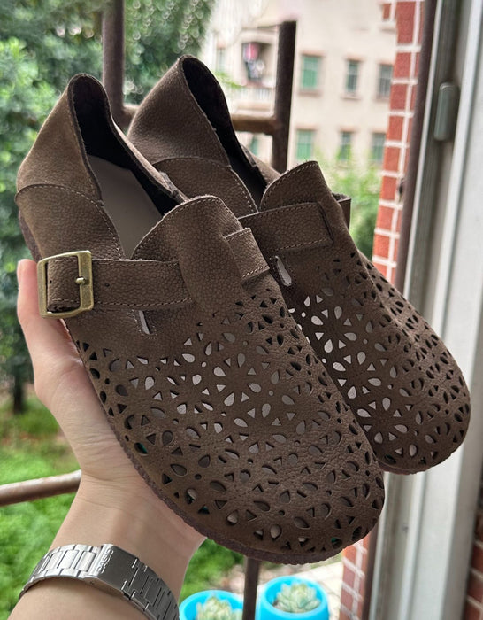 Comfortable Round Toe Soft Leather Hollow Clogs Flats Coffee Feb Shoe Collection 2026 81.70