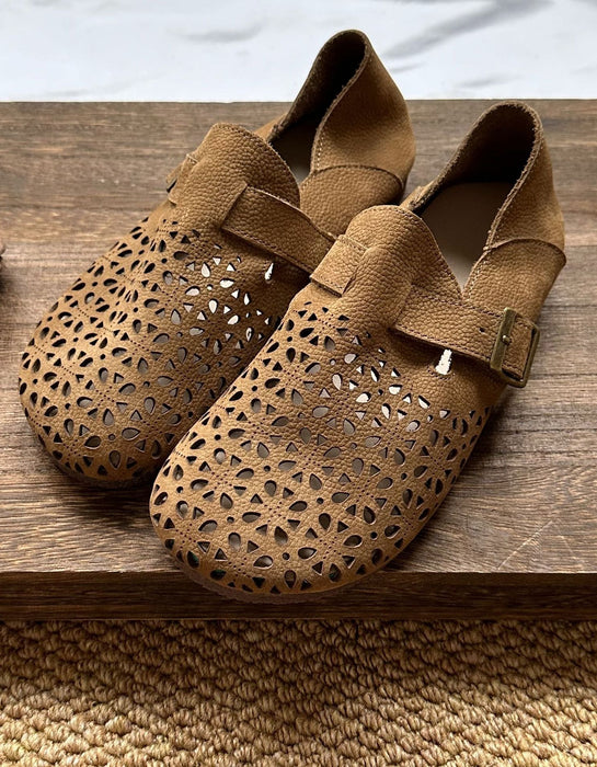 Comfortable Round Toe Soft Leather Hollow Clogs Flats Khaki Feb Shoe Collection 2026 81.70