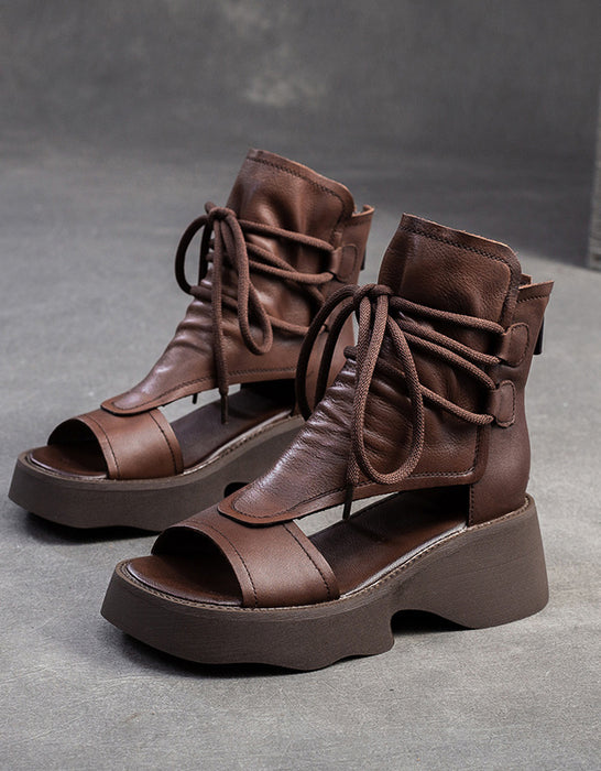 Cut-out Ankle Lace-up Open Toe Wedge Sandals — Obiono