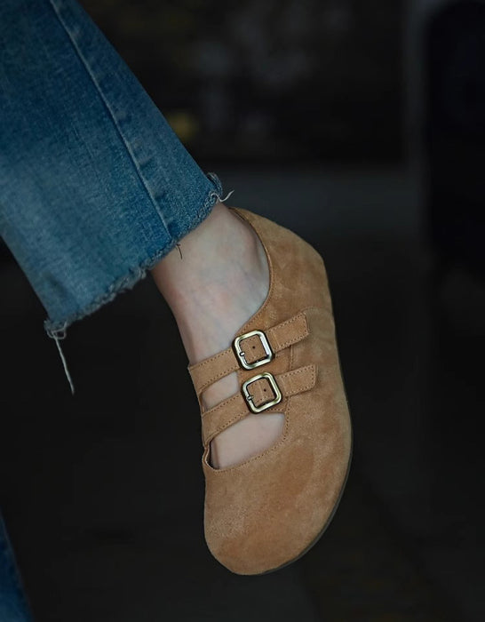 Double Buckle Suede Wide Toe Box Clogs