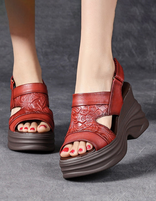 Embossing Summer Open Toe Wedge Sandals Slingback
