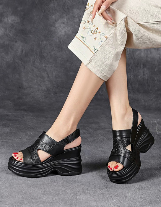 Embossing Summer Open Toe Wedge Sandals Slingback