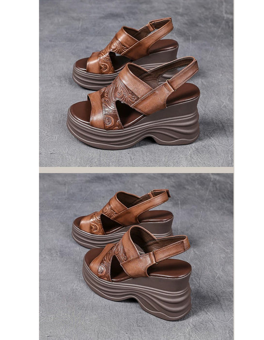 Embossing Summer Open Toe Wedge Sandals Slingback