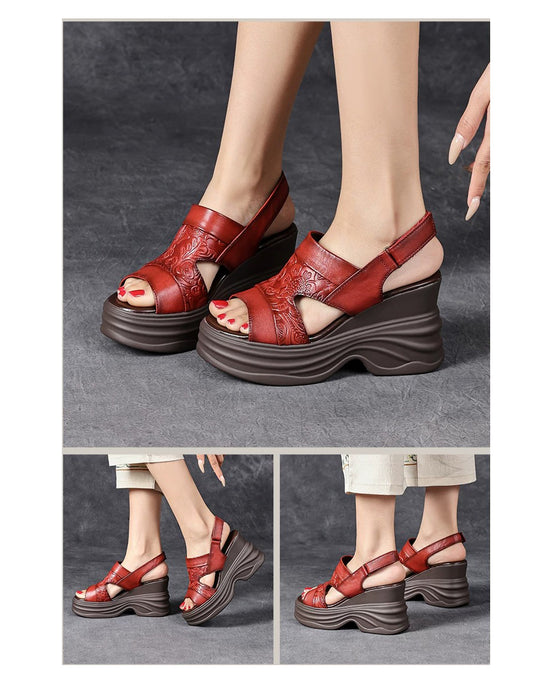 Embossing Summer Open Toe Wedge Sandals Slingback