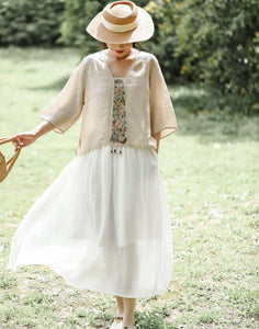 Women Summer Artsy Flower Embroidery Ramie Pullover Shirt CX028 main image 1