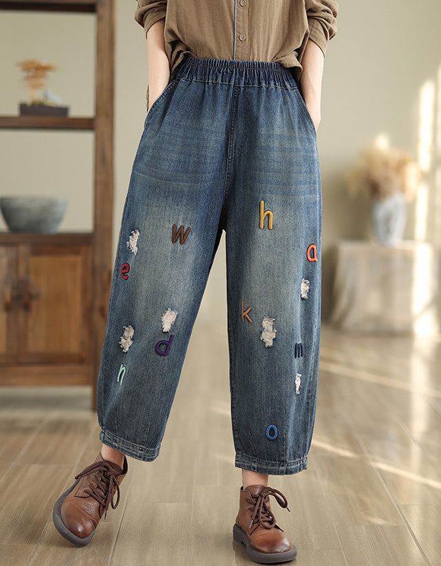 Embroidery Letters Loose Casual Denim Pants — Obiono