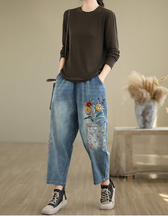 Flower Embroidery Retro Casual Denim Trousers