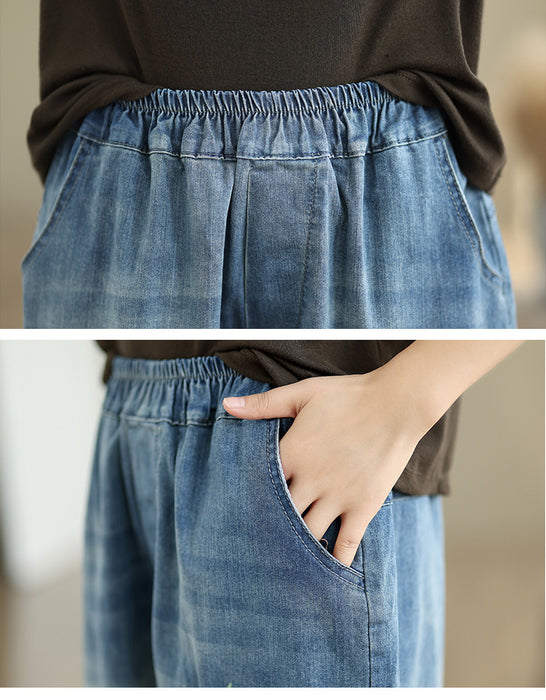 Flower Embroidery Retro Casual Denim Trousers