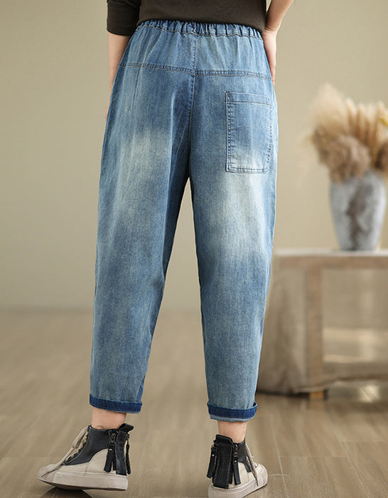 Flower Embroidery Retro Casual Denim Trousers