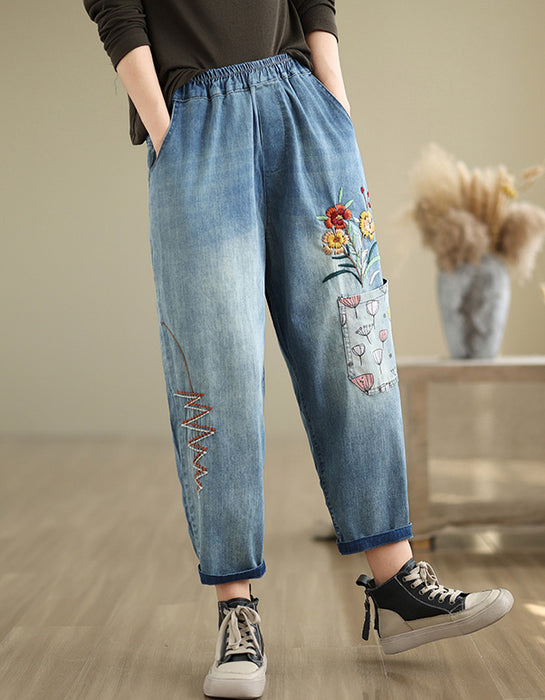 Flower Embroidery Retro Casual Denim Trousers