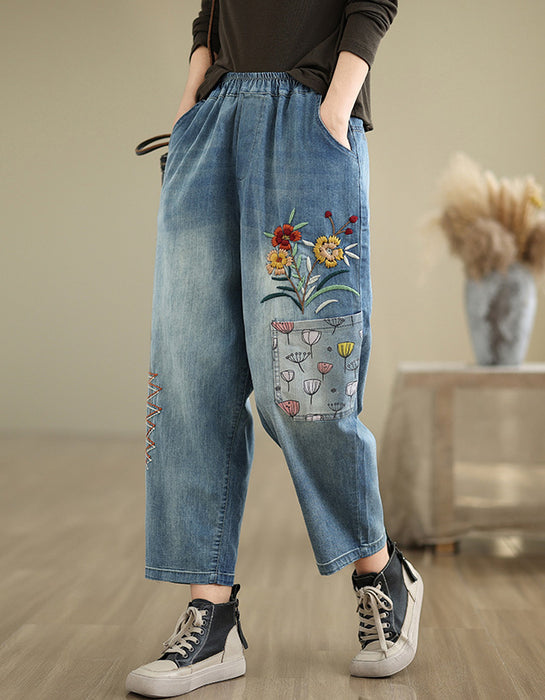 Flower Embroidery Retro Casual Denim Trousers