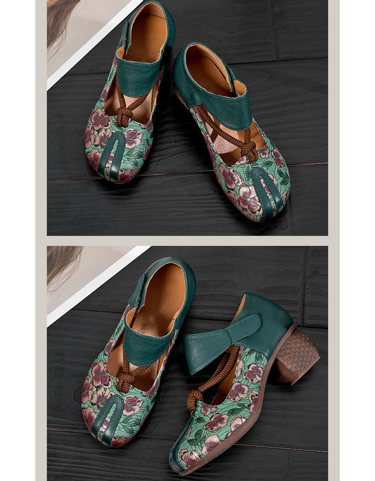 Ethnic Style Flower Leather Chunky Heel Sandals