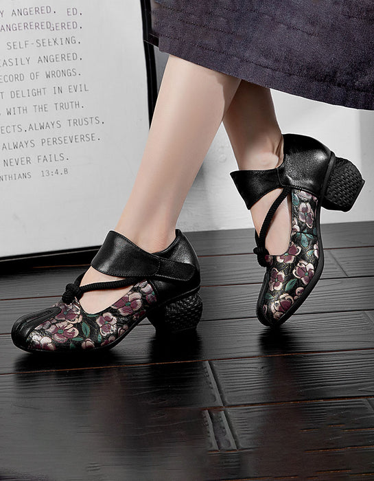 Ethnic Style Flower Leather Chunky Heel Sandals