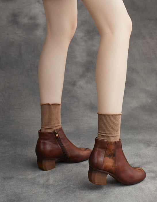 Ethnic Style Handmade Round Head Chunky Heel Boots