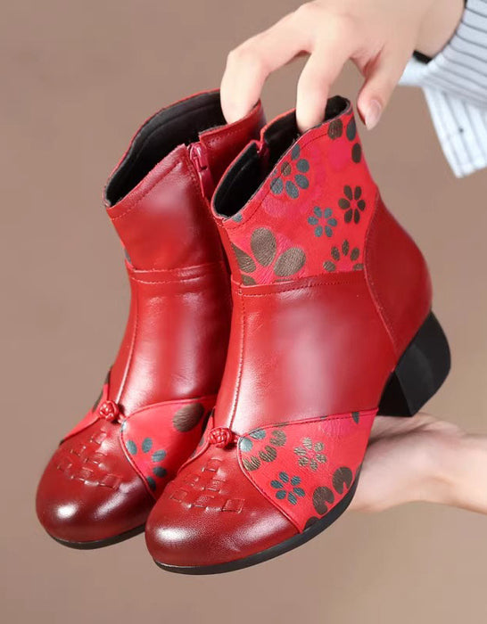 Bottes épaisses en cuir imprimé style ethnique rétro