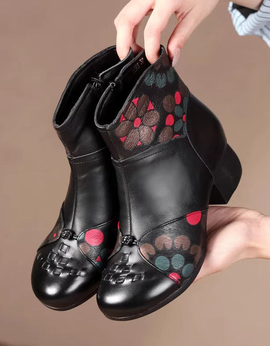 Bottes épaisses en cuir imprimé style ethnique rétro